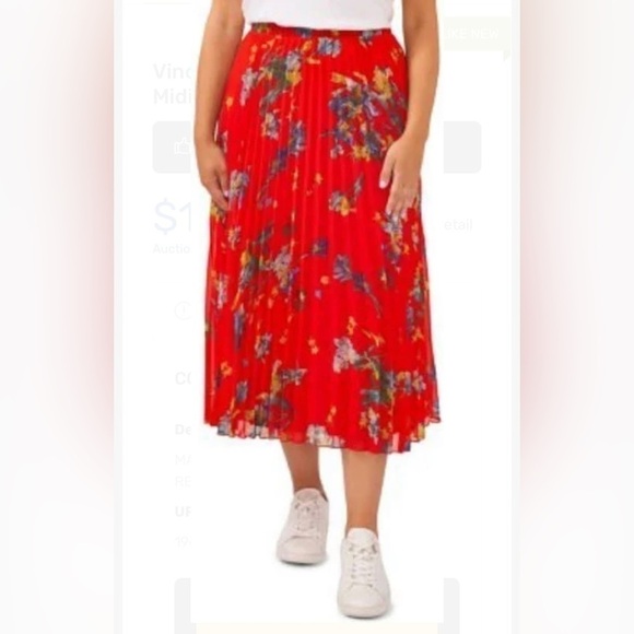 Vince Camuto Red Floral Pleated Midi Skirt - Picture 1 of 7